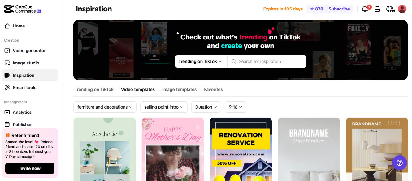 CapCut Commerce Pro interface showcasing trending TikTok video templates and tools for video creation and editing.